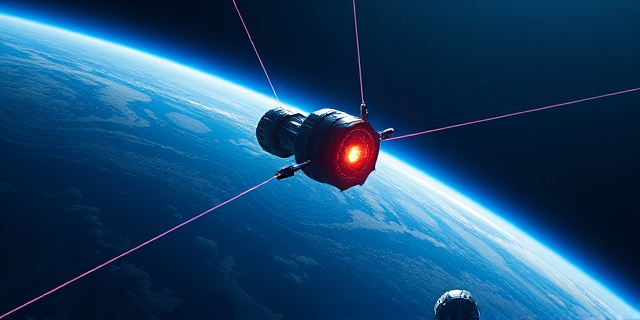 Una representación artística de un telescopio en órbita terrestre, con líneas de energía que lo conectan a una nave espacial de rescate. Colores fríos (azules, violetas) predominantes, con un toque de naranja que simboliza la actividad solar. Estilo futurista y minimalista.