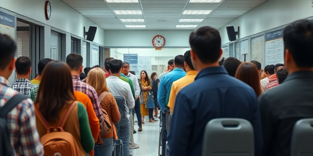 Una oficina de Extranjería abarrotada de personas esperando para presentar sus solicitudes de regularización, con funcionarios estresados y sobrecargados de trabajo.
