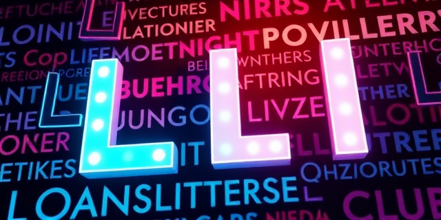 Un collage artístico de letras L flotando sobre un fondo de palabras en diferentes tipografías, con colores vibrantes y luces que dan un efecto de brillo luminoso; la escena evoca la sensación de un club nocturno lingüístico, sin rostros ni nombres, solo palabras que bailan y se entrelazan como luces de neón.
