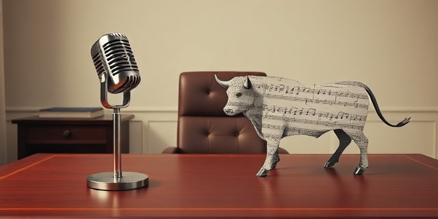 Una ilustración satírica y conceptual. Un micrófono de cantante vintage colocado sobre un escritorio presidencial elegante y minimalista. Al lado del micrófono, una silueta de un toro hecha de partituras musicales rotas. Colores contrastados, estilo editorial de revista moderna, fondo neutro, iluminación dramática.