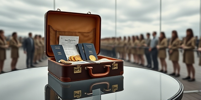 Una ilustración satírica de estilo editorial. Un maletín de cuero lujoso abierto sobre una mesa de cristal en Ginebra, donde dentro del maletín, en lugar de documentos, hay monedas de oro y pasaportes diplomáticos. Al fondo, desenfocado, un grupo de jóvenes trabajadores con uniformes sencillos esperando en una cola infinita bajo un cielo gris. Estilo de dibujo de prensa, colores contrastados, atmósfera de ironía social.