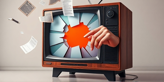 Una ilustración conceptual y satírica. Un televisor antiguo de madera donde la pantalla es un espejo roto. Del televisor salen papeles y documentos judiciales volando, mientras una mano con un anillo dorado intenta tapar un agujero en la pantalla con un parche de colores brillantes. Estilo editorial, colores contrastados, fondo minimalista de estudio de televisión vacío.
