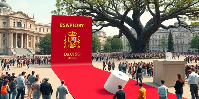 Una ilustración satírica y conceptual. Un pasaporte español gigante que sirve como alfombra roja extendiéndose desde un edificio gubernamental clásico hacia una multitud diversa de personas en una plaza de Buenos Aires. En el fondo, un árbol genealógico cuyas raíces se transforman en papeletas de votación que caen en una urna electoral. Estilo editorial, colores contrastados, atmósfera de ironía política.