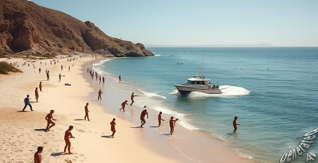 Una imagen de una narcopatera llegando a la orilla de una playa nudista en Vera, Almería, con inmigrantes ilegales saltando al agua y la lancha huyendo mar adentro.