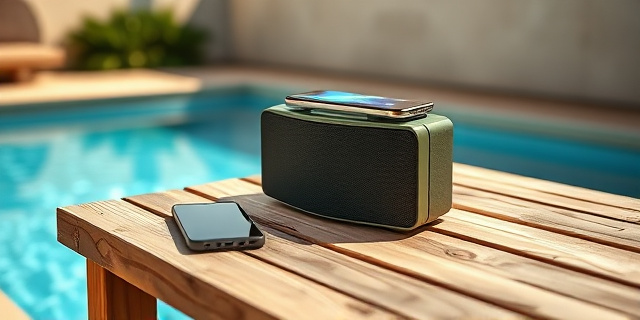 Una fotografía publicitaria de estilo minimalista y sofisticado. Un altavoz portátil de diseño moderno en color oliva sobre una mesa de madera rústica junto a una piscina. El entorno es luminoso, con luz natural de tarde. Al lado del altavoz, un smartphone cargando inalámbricamente sobre la parte superior del dispositivo. Estética de revista de diseño industrial, profundidad de campo corta, enfoque nítido en las texturas del aluminio y la goma.