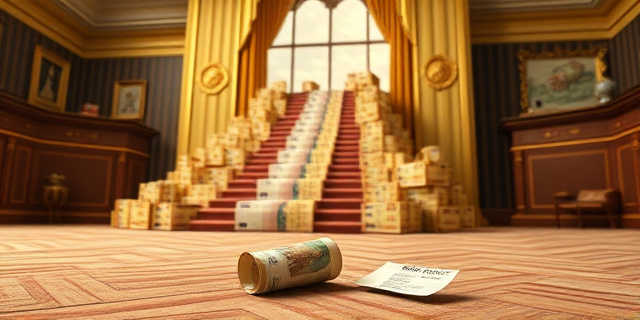 Una ilustración satírica y conceptual. Un escritorio de oficina gubernamental excesivamente lujoso y dorado, donde una montaña de billetes de euros se transforma en una escalera que sube hacia las nubes. Al lado, un pequeño ticket de compra de supermercado arrugado y triste en el suelo. Estilo editorial de revista, colores contrastados, atmósfera de opulencia frente a precariedad.