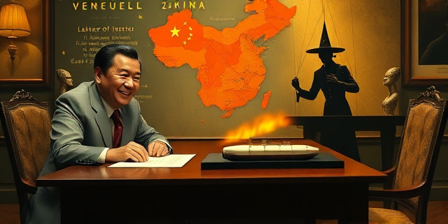 
  Una imagen surrealista de un expresidente sonriente (sin rostro reconocible) sentado en una mesa de negociaciones con un mapa de Venezuela y China proyectado en el techo como un manto de estrellas. Sobre la mesa, un contrato firmado en chino y español, un barco de carga en miniatura y una carta de intención (LOI) ardiendo en un cenicero. Al fondo, una sombra femenina (la Dama) manipula los hilos de un titiritero invisible, mientras los hermanos Amaro Chacón susurran al oído del expresidente. La luz es dorada y engañosa, como en un cuadro de Dalí donde todo es negocio y nada es casual. Estilo: realismo mágico político, colores fríos y cálidos en contraste, texturas de papel envejecido y metal pulido.
  