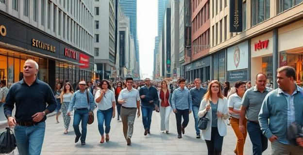 Imagen de una calle concurrida en una gran ciudad con personas caminando a diferentes velocidades, mostrando distintos estilos de vida y hábitos