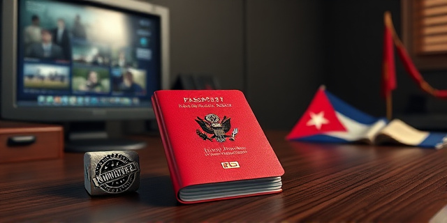 Una ilustración conceptual y satírica. Un pasaporte rojo antiguo sobre un escritorio de madera oscura, junto a un sello oficial de Estados Unidos que dice 