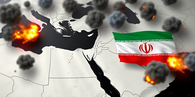 Un mapa de Oriente Próximo con banderas de Estados Unidos, Israel e Irán, rodeado de nubes de humo y explosiones