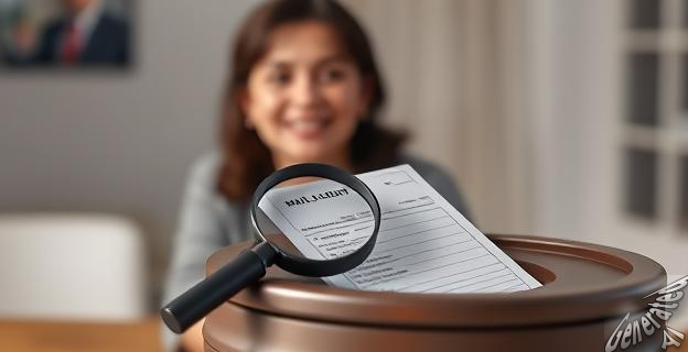 Una imagen de una urna de votación con una lupa sobre un voto por correo, al fondo una figura difusa de una mujer sonriendo, que podría ser Rocío López.