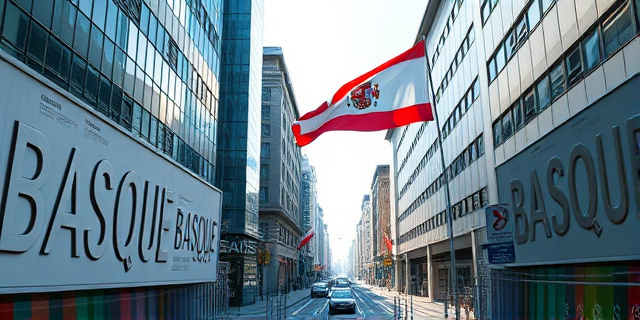 Un paisaje urbano vasco donde las calles están cubiertas de murales que muestran la palabra euskera en letras gigantes, con edificios modernos que reflejan la letra en un espejo de vidrio, y en el fondo un cielo claro con un sol que se filtra sobre una bandera que ondea suavemente, pero sin mostrar rostros de personas ni logos de partidos.