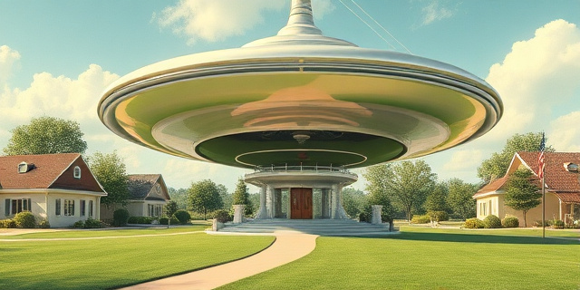 Una ilustración conceptual de estilo retro-futurista de los años 40. Una casa circular de aluminio brillante con forma de platillo volante suspendida de un mástil central, situada en un suburbio americano idealizado. Colores pastel, estética de publicidad vintage, con un contraste entre la arquitectura metálica vanguardista y el césped verde perfecto.