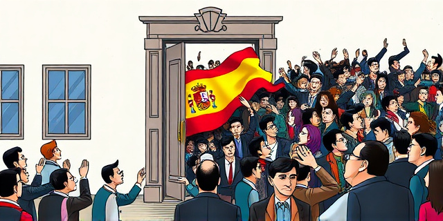 Una ilustración conceptual y satírica que muestra una puerta abierta de una casa con la bandera de España, donde una pequeña fila de personas se convierte repentinamente en una marea humana masiva que desborda el marco de la puerta. Estilo de caricatura editorial política, colores contrastados, atmósfera de caos organizado, sin rostros reconocibles.