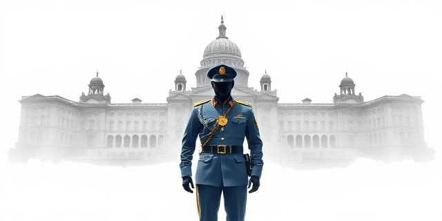 Una ilustración conceptual de estilo editorial. En primer plano, un uniforme de guardia civil impecable y sencillo sobre un fondo blanco, contrastando con una sombra gigante y oscura que proyecta la silueta de un palacio gubernamental. Entre ambos, una medalla brillante que rompe la oscuridad, simbolizando la integridad frente al poder sistémico. Estilo artístico de dibujo a tinta con toques de acuarela gris y dorado.