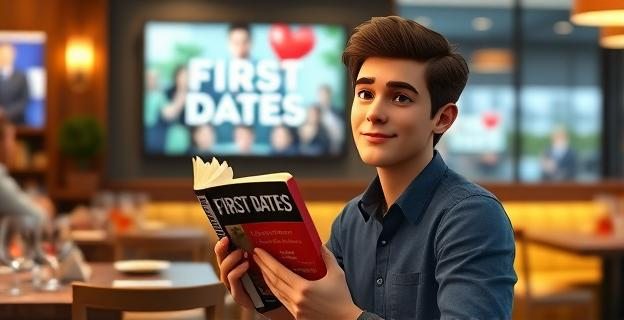 Imagen de un hombre joven con libros de economía y filosofía en un entorno de cita en un restaurante moderno, con una televisión en el fondo mostrando el programa First Dates