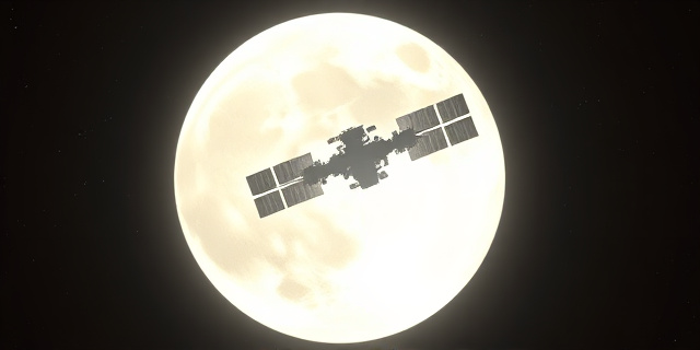 Una composición cinematográfica y surrealista que muestra la silueta negra y detallada de una estación espacial moderna cruzando el disco brillante y texturizado de la luna llena. Estilo de astrofotografía de alta resolución, con el cráter Tycho visible y un fondo de cielo nocturno profundo y estrellado. Atmósfera de escala cósmica y contraste extremo entre la luz lunar y la oscuridad del metal.