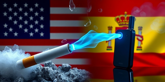 Una ilustración conceptual y satírica que contraste un cigarrillo tradicional apagándose y convirtiéndose en cenizas grises, mientras que al lado emerge un dispositivo de vapeo moderno y estilizado envuelto en una luz azul tecnológica y limpia. El fondo es una división geométrica entre una bandera de Estados Unidos y una de España, con un estilo de arte editorial de revista de negocios, colores vibrantes y contrastes marcados.