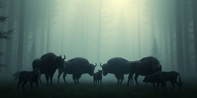 Una ilustración cinematográfica y dramática de un bosque primevo oscuro y brumoso. En el centro, un grupo de bisontes europeos masivos formando un círculo protector alrededor de un pequeño ternero, mientras sombras de lobos acechan en los bordes del encuadre. Estilo de pintura al óleo contemporánea con contrastes fuertes de luz y sombra, transmitiendo tensión y protección animal.