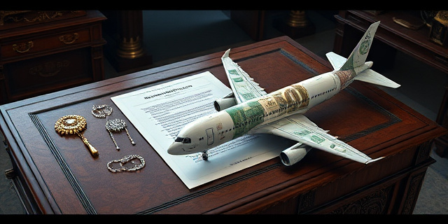 Una imagen conceptual y satírica. Un escritorio de madera antigua y lujosa donde descansan joyas brillantes y diamantes sobre documentos oficiales con sellos gubernamentales. Al lado, un avión de línea comercial hecho de papel moneda doblado, simbolizando el rescate financiero. Estilo de ilustración editorial, colores contrastados, iluminación dramática de claroscuro.