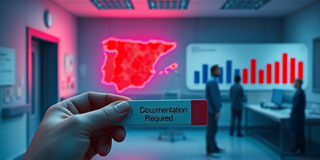
  Una sala de hospital con luz tenue, donde un mapa de España en tonos rojos y azules (rojo para zonas con barreras administrativas, azul para cobertura sanitaria) se proyecta en una pared. En primer plano, una mano sostiene un test de VIH positivo, mientras en segundo plano se ven siluetas de personas esperando en una cola interminable frente a un mostrador con un letrero que dice ‘Documentación requerida’. Al fondo, una gráfica de barras muestra el aumento de casos en comunidades autónomas, con Madrid destacando en rojo oscuro. Estilo visual: realista pero con un toque de distopía médica, como un informe de salud pública mezclado con un thriller social. Colores fríos y contrastes marcados.