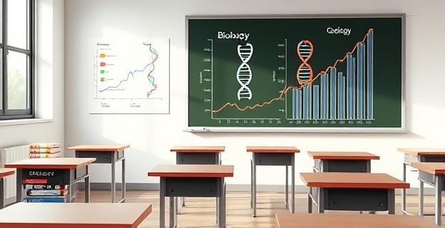 Imagen de un aula vacía con libros de Biología y Geología en un rincón, mientras que en la pizarra hay diagramas de ADN y ARN. Al fondo, una gráfica que muestra un descenso en la elección de la asignatura.