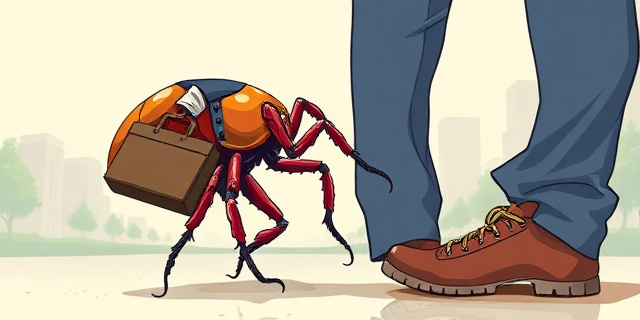 Una ilustración conceptual y satírica que muestra una garrapata gigante vestida de agente de cobros con un maletín, intentando adherirse a una pierna humana. Estilo de dibujo editorial de revista, colores vibrantes pero con un toque cínico, fondo minimalista de naturaleza urbana.