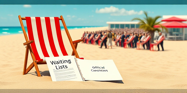 Una ilustración satírica de estilo editorial. En primer plano, una silla de playa vacía con una carpeta oficial que dice 