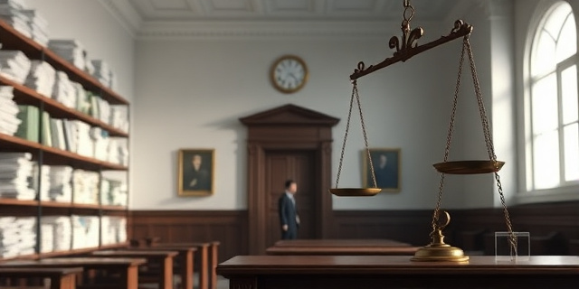 Una sala de tribunales vacía con estantes llenos de archivos, una balanza de justicia oxidada y una figura humana en la penumbra, con una cinta de 