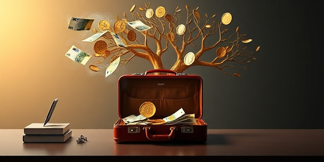 Una ilustración satírica de estilo editorial. Un maletín de cuero abierto del que brotan billetes de euro que se transforman en humo, flotando sobre un escritorio minimalista y vacío. Al fondo, un árbol genealógico dorado donde las raíces son monedas y las ramas son firmas de contratos. Colores contrastados, luz dramática, atmósfera de ironía corporativa.