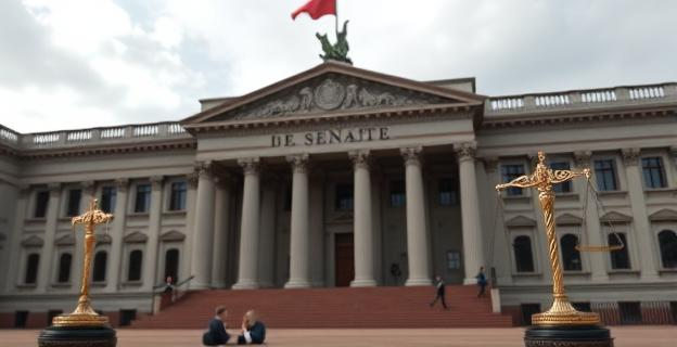Imagen de un edificio institucional con un ambiente tenso, representando la sede del Senado o la Audiencia Nacional, con símbolos de la justicia y la política en primer plano.