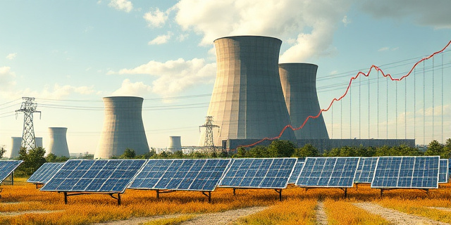 Una ilustración conceptual y satírica que muestra una antigua planta nuclear robusta y gris proyectando una sombra gigante sobre pequeños paneles solares brillantes que parecen marchitarse. Al fondo, un gráfico de precios de electricidad cayendo en picado como una montaña rusa, estilo editorial de revista económica, colores contrastados, atmósfera irónica.