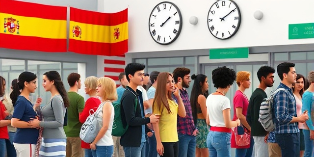 Una línea de personas de diferentes edades y orígenes esperando en una oficina de registro, con un fondo de banderas españolas y un gran reloj en la pared