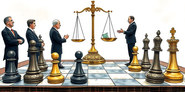 Una ilustración satírica estilo caricatura editorial. Un tablero de ajedrez donde las piezas son figuras políticas con trajes elegantes, pero las bases de las piezas son monedas de oro y billetes. Al fondo, una balanza de la justicia inclinada por un apretón de manos secreto entre dos figuras borrosas. Estilo artístico de dibujo a tinta con acuarela minimalista, colores sobrios y aire cínico.