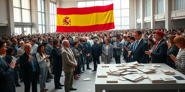 
  Una escena surrealista en un consulado español abarrotado: una cola infinita de personas de todas las edades, con documentos en la mano, esperando para firmar papeles. Al fondo, un cartel gigante con la bandera española y el texto 