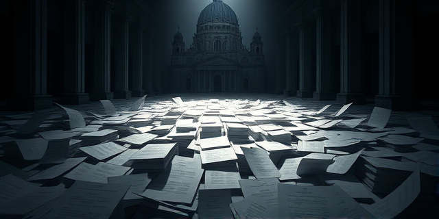 Una imagen conceptual que represente una catedral imponente con sombras oscuras que se proyectan sobre un laberinto de papeles y documentos oficiales. La luz principal debe provenir de la catedral, iluminando solo parcialmente el laberinto, sugiriendo secretos ocultos y una búsqueda de transparencia. El estilo debe ser realista con toques de dramatismo y misterio, utilizando una paleta de colores oscuros y contrastantes (grises, negros, rojos apagados).
