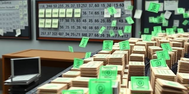 Una ilustración conceptual satírica que muestra una cinta transportadora administrativa donde miles de expedientes de papel se transforman mágicamente en sellos verdes de aprobación. Al fondo, un tablero de anuncios con números borrosos y tachados, reflejando la confusión de las cifras oficiales. Estilo editorial moderno, colores contrastados, atmósfera de oficina burocrática surrealista.