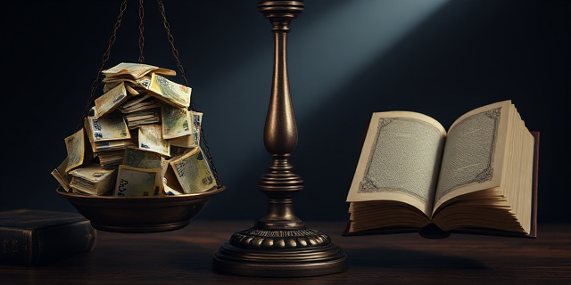 Una balanza antigua de la justicia, inclinada peligrosamente hacia un lado por una montaña de billetes de euro. Al otro lado, un libro antiguo y polvoriento con un halo de luz tenue.  Estilo pictórico barroco, colores oscuros y contrastados, simbolizando la desigualdad y la corrupción.