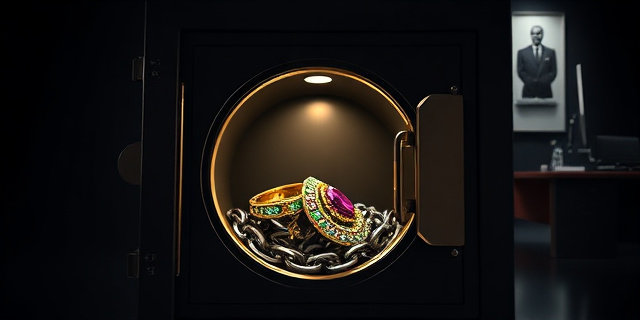 Una imagen conceptual y satírica. Un primer plano de una caja fuerte abierta donde emergen joyas opulentas con esmeraldas y rubíes, pero que se transforman gradualmente en eslabones de una cadena de prisión de acero. Fondo oscuro con un ambiente de despacho oficial frío y minimalista. Estilo surrealista, iluminación dramática de claroscuro.