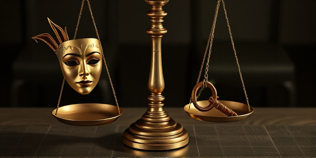 Una balanza de la justicia con una máscara de carnaval en un lado y una llave oxidada en el otro. Fondo oscuro con tonos sepia y reflejos de sombras. Estilo pictórico, expresionista.