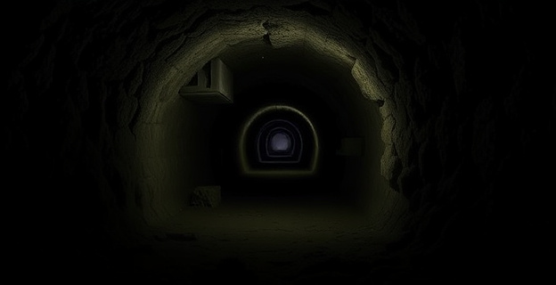 Imagen conceptual de un túnel subterráneo oscuro y profundo con luces tenues en el fondo, representando la infraestructura clandestina descubierta en Ceuta.
