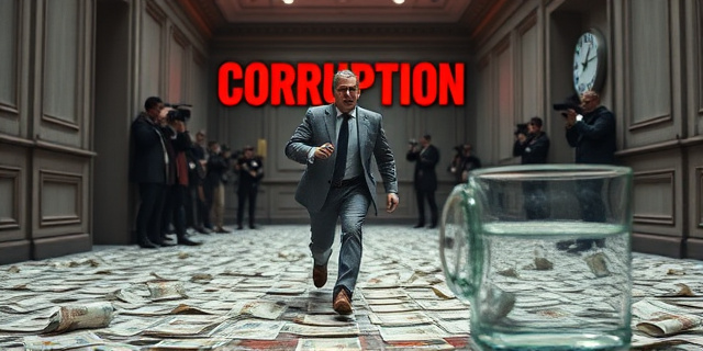 
  Una imagen surrealista de un político con traje gris huyendo a toda velocidad por un pasillo del Congreso, mientras detrás se ven siluetas de periodistas con cámaras y un cartel gigante que dice ‘CORRUPCIÓN’ en letras rojas. El suelo está hecho de billetes de euro arrugados y hay un reloj de pared marcando 20:03. En primer plano, un vaso de agua derramado simbolizando el ‘pánico escénico’. Estilo: fotografía política oscura, con tonos fríos y luces dramáticas, como un cuadro de Hopper pero en un hemiciclo. Sin rostros reconocibles.