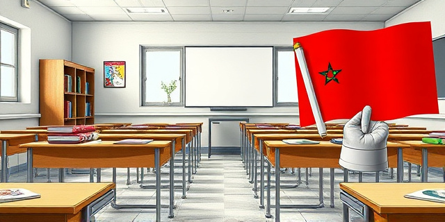 Una ilustración conceptual y satírica que muestra un aula de escuela española dividida por una línea invisible. De un lado, libros de texto oficiales españoles; del otro, una bandera de Marruecos sosteniendo la tiza y el borrador, simbolizando el control externo. Estilo editorial de periódico, colores contrastados, atmósfera de tensión política.