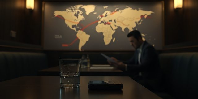 
  Una escena en un reservado elegante de hotel, con luz tenue y mesas de madera oscura. En primer plano, un vaso de agua medio vacío y un móvil antiguo sobre la mesa. Al fondo, una figura borrosa (silhouette) en traje oscuro que entrega un sobre a otra figura sentada, que tiene gesto de tensión y mira hacia abajo. La pared del fondo muestra un mapa del mundo con líneas rojas conectando España, Venezuela, China y Emiratos Árabes Unidos. Estilo cinematográfico de thriller político, con tonos azules y grises fríos, y un aura de conspiración sin mostrar rostros. Sin texto, solo atmósfera de secretismo institucional. Composición en diagonal para transmitir urgencia.