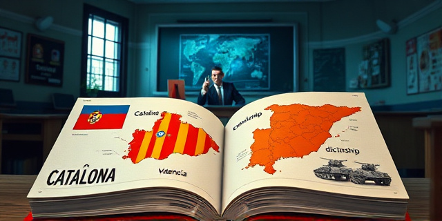 
  Una ilustración surrealista de un aula escolar con dos libros de texto abiertos en primer plano: uno con páginas llenas de banderas catalanas y mapas que incluyen zonas de Francia y Valencia, mientras que el otro muestra imágenes de tanques y textos que dicen 