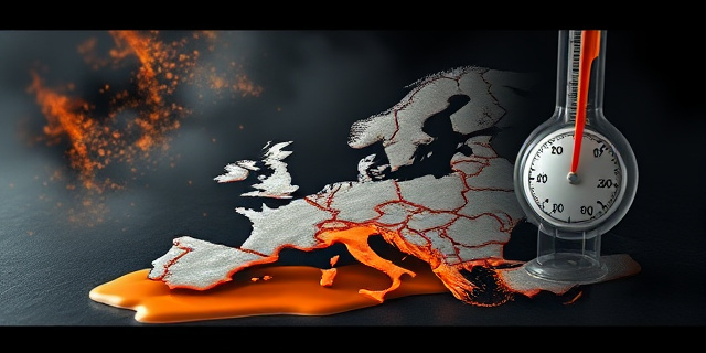 Una ilustración conceptual y surrealista de un mapa de Europa fundiéndose como si fuera una vela o cera caliente sobre una superficie oscura. El fondo muestra chispas de incendios forestales y un termómetro gigante roto cuyo mercurio se desborda. Estilo editorial, colores contrastados entre naranja fuego y gris ceniza, atmósfera opresiva y dramática.