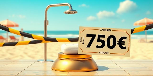 Una ilustración satírica de una ducha de playa pública española. Un jabón pequeño y humilde está colocado sobre un pedestal de oro, rodeado por cintas de peligro policial y un cartel de multa gigante con la cifra 750€. Al fondo, una playa soleada con estilo surrealista, colores vibrantes y un ambiente de ironía burocrática.