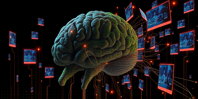 Una ilustración conceptual y surrealista que muestra la silueta de un cerebro humano antiguo, con texturas de piedra y musgo, intentando conectarse a miles de cables de fibra óptica brillantes y pantallas digitales flotantes que lo abruman. Fondo oscuro, estilo editorial moderno con colores neón contrastando con tonos tierra orgánicos.