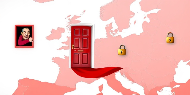 Una ilustración conceptual y satírica de un mapa de Europa representado como una casa con puertas y ventanas. Una de las puertas (España) está abierta de par en par con una alfombra roja, mientras que que los vecinos (otros países europeos) miran con rostros de preocupación y frustración desde sus ventanas, sosteniendo candados y llaves gigantes. Estilo editorial de revista política, colores contrastados, atmósfera de tensión diplomática.
