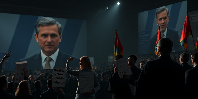 
  Una escena política surrealista en un mitin nocturno bajo luces tenues. Al fondo, un gran cartel de José Luis Rodríguez Zapatero con expresión serena, rodeado de siluetas de seguidores con rostros borrosos. En primer plano, María Jesús Montero, con gesto de devoción, señalando hacia el cartel mientras sostienen un letrero que dice 